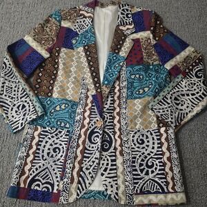 Vintage Danielle B Blazer Small Patchwork Print Linen Boho Art to Wear Jacket